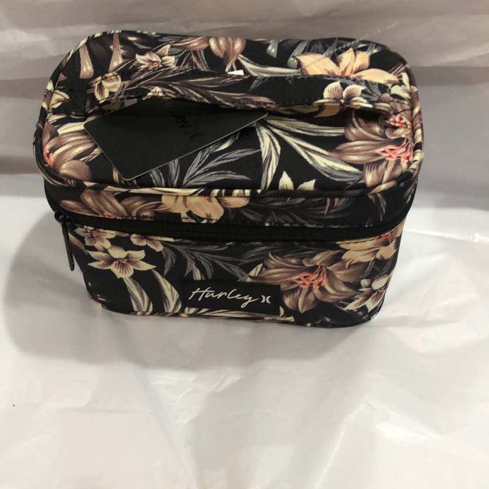 Hurley medium Black brown floral palm print makeup cosmetics beauty case new